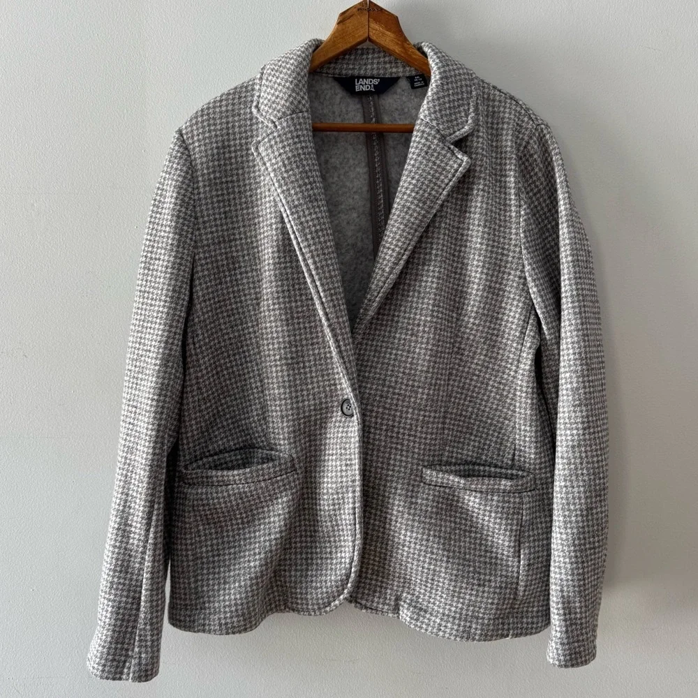 Lands’ End‎ Blazer, Sz Medium 10-12, Houndstooth Grey Polyester Academia Office